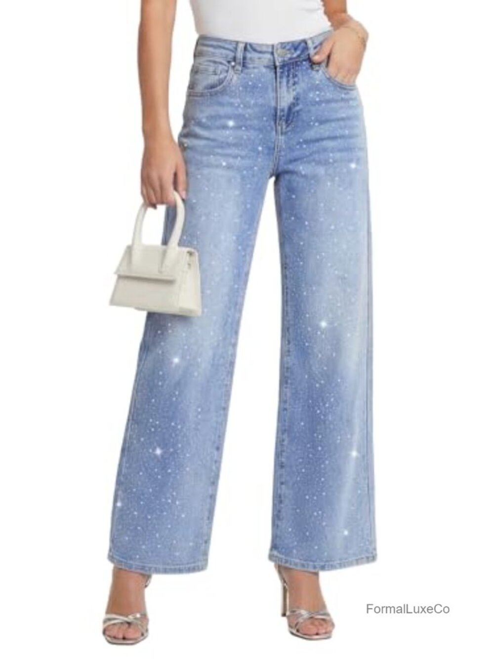 Rhinestone High Waisted Wide Leg Jeans Stretch Denim Sparkly Bedazzled Y2K Party